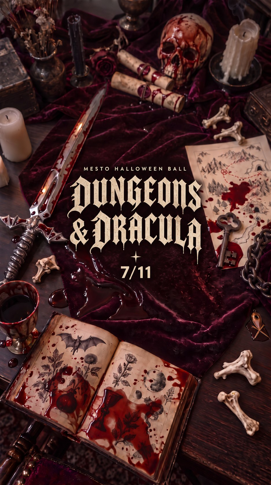 MESTO Halloween Ball — Dungeons & Dracula, 7 November. Burgundy velvet, a sword, candles and medieval curiosities.