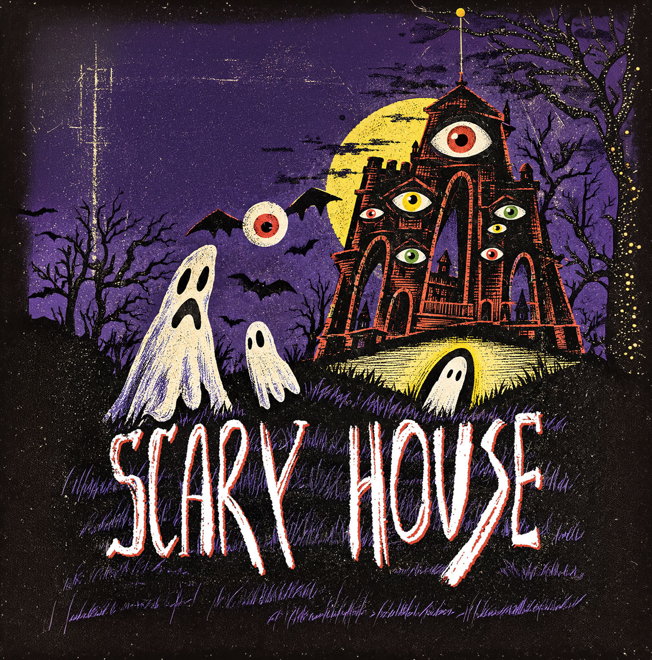 Scary House — illustrated haunted house, bats and friendly ghosts